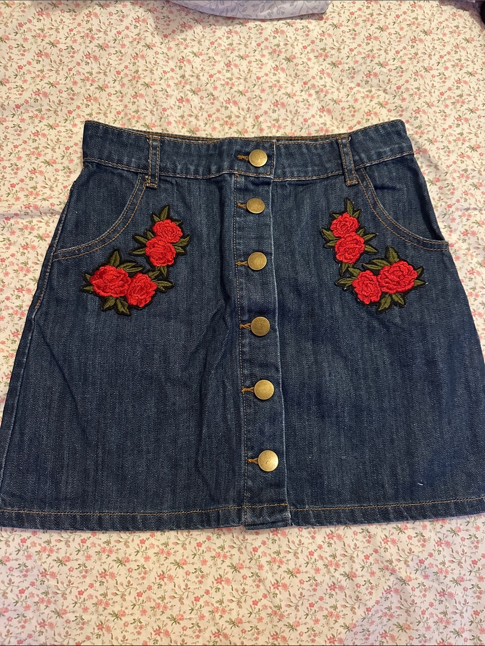 Forever 21 Dark Blue Denim Mini Skirt with Red Rose Embroidery